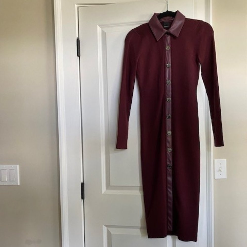 Pinko Burgundy Leather-Trimmed Midi Sweater Dress, Size Small
